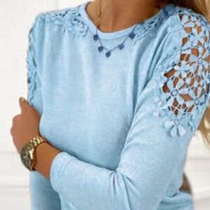 New Sky Blue Floral Lace Shoulder Long Sleeve Tee Top M
